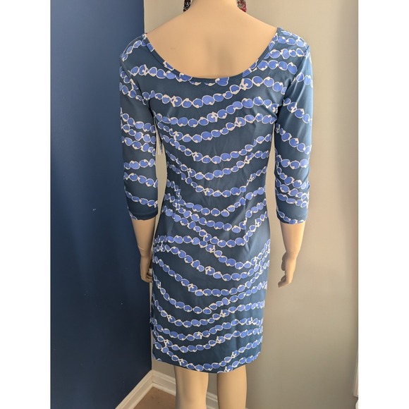 Mahi Gold Jersey Knit‎ Dress Scoop Neck 3/4 Sleeve Blue White Print XS - Picture 2 of 10